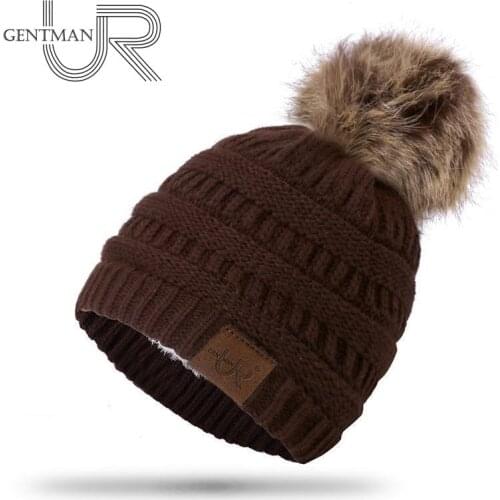 Hot Sale Soild Ribbed Beanie Add Fur Lined Pompom Winter Hats For Women Girls Warm Thick Cap Stylish Knitted Hat Dropshipping