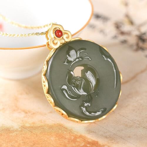 Natural Hetian Gray Jade Lotus Pendant Inlaid S925 Sterling Silver Gilding Lotus round Plate Pendant Carved Fine Ornament