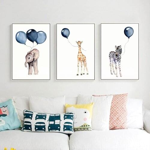 Modern Simple Cartoon Lion Elephant Giraffe Canvas Painting Creative Blowing Balloon Animal Poster Home Wall Art Decor Pictures