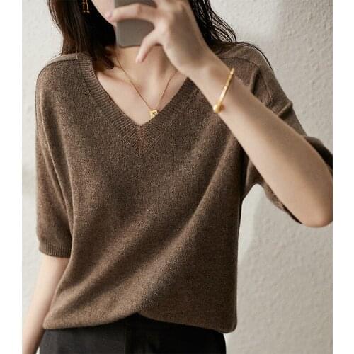 Cashmere Shirts Fashion Short Sleeve Deep V Sweater Spring Womens Blouse 2021 Summer New Office Top Female