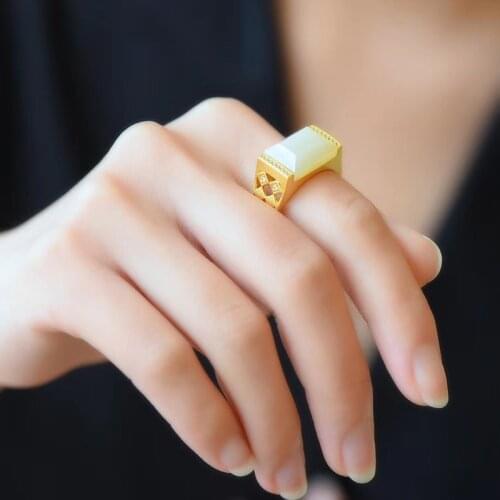 100% Real Hetian White Jade Ring Gold 925 Sterling Silver Gemstone Rings For Men Women Wedding Engagement Fine Jewelry Drop Ship