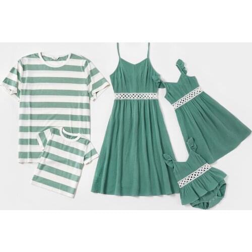 PatPat 2020 New Arrival Summer Mosaic Family Matching Cotton Hollow Out Lace Flutter-Sleeve Tank Dresses Stripe T-shirts