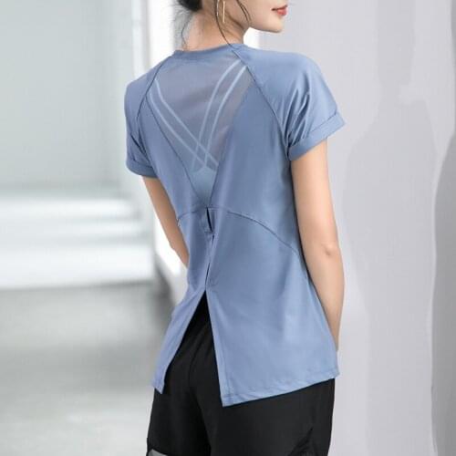 Summer Short-sleeved Sports T-shirt Women Loose&Quick Dry Fitness Shirt Split Blouse Mesh Backless Gym Workout Yoga Shirt