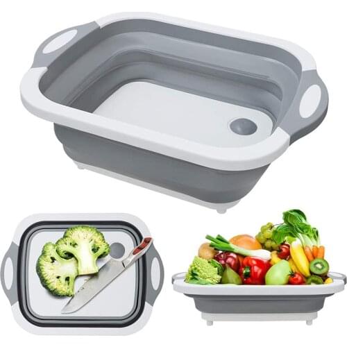 Multi-function Collapsible Vegetable Fruits Cutting Board With Colander Foldable Washing Drain Basket Portable Kitchen Storage