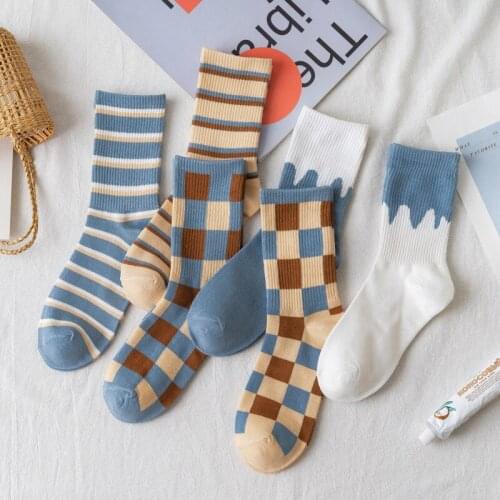 3pairs/set Women Autumn New Socks Fashion Lattice Cotton Style Casual Deodorant Socks Female Socks High Quality