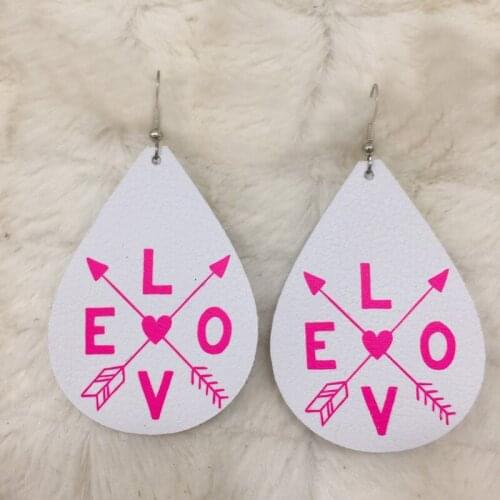 New！Custom Sweet Love Faux Leather Glitter Teardrop Earrings Lovers Fashion Water Drop Shaped Valentines Day Earrings Gifts