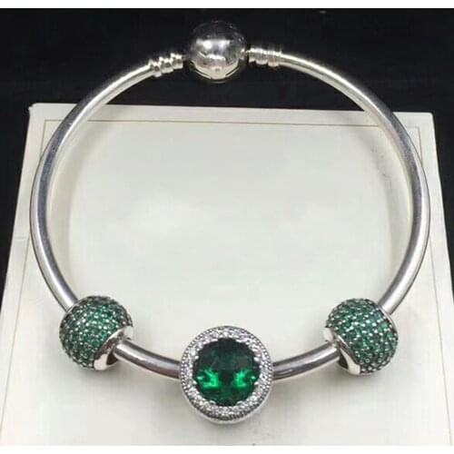 NEW 100% 925 Sterling Silver 791051CZN Green Pave Ball Charm 791725CZN RADIANT HEARTS CHARM Bracelet Set Original Boutique