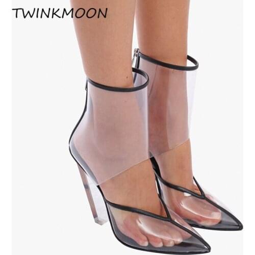 Clear Boot Women Transparent Spike High Heels Ankle Boots Zip Up Point Toe Lady Booties Fashion Motorcycle Summer Boots 2020