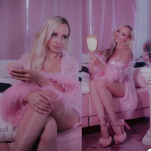 See Through Pink Celebrity Dress Feathers Short Bridal Sleepwear Maternity Nightgowns Long Sleeve Robes