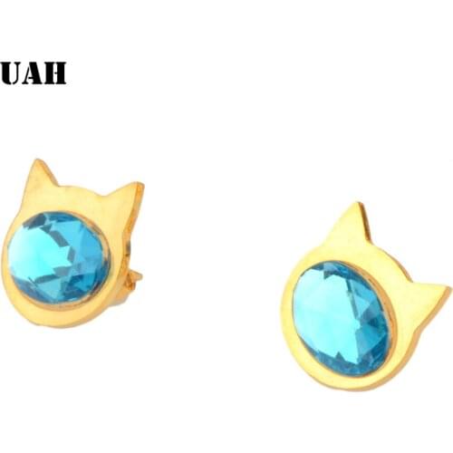 UAH High Quality Stainless steel Earring Fashion Cute Tiny Blue Crystal Cat Stud Earrings Gift For Women Girls Gift