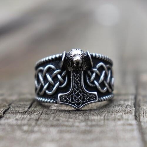 Viking Mjolnir Thors Hammer lion Rings Mens Celtics Knot Stainless Steel Ring Nordic Amulet Jewelry