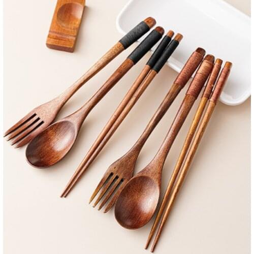 Japanese Vintage Portable Tableware Wood Chopsticks Spoon Fork Travel Dinnerware Suit Environmental Travel Wooden Cutlery Set