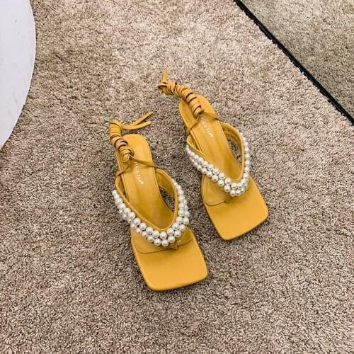 Womens Shoes Roman Shoes Sandals 2021 Spring New Fashion Pearl Mid-heel Square Toe Slippers Shoes for Women