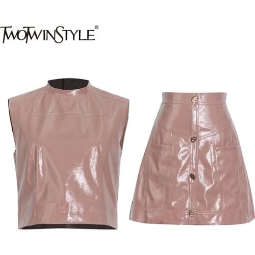 TWOTWINSTYLE Sexy PU Leather Two Piece Set For Women O Neck Sleeveless Top High Waist A Line Mini Skirt Slim Sets Female Stylish