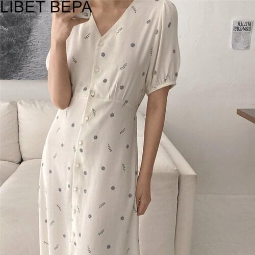 2021 New Summer Women Dresses High Waist V-Neck Lace Up Single Breasted Elegant Floral Printed Vintage Lady Long Dress DR3372