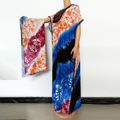 Nigerian Clothes African Maxi Dresses Applique Collar Scarf Africaine Femme Vestidos Multi-color Summer Holiday Style Robe Bazin