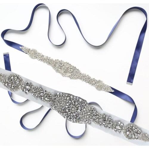 Women Blue Wedding Prom Dress Belt Bridal Belt Long Crystal Hand Beaded Wedding Belt Rhinestones For Evening Dresses Bridal Belt