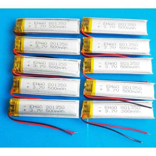 10 pcs 801350 3.7V 500mAh Rechargeable lipo battery polymer lithium batteries for MP3 GPS DVD bluetooth recorder e-book camera