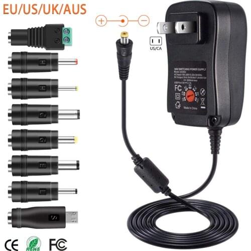 30W US/UK/AU/EU Universal Power Adapter 3V 4.5V 5V 6V 7.5V 9V 12V AC DC Charger Converter+5V 2.1A USB Port With 8Pcs Jack