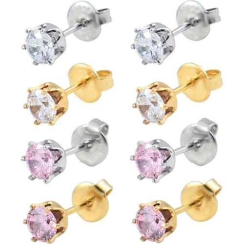 4 Pairs CZ Zircon Crystal Ear Stud Piercing Earring Jewelry 5mm Cubic Zirconia Crown Shaped Studs Earrings
