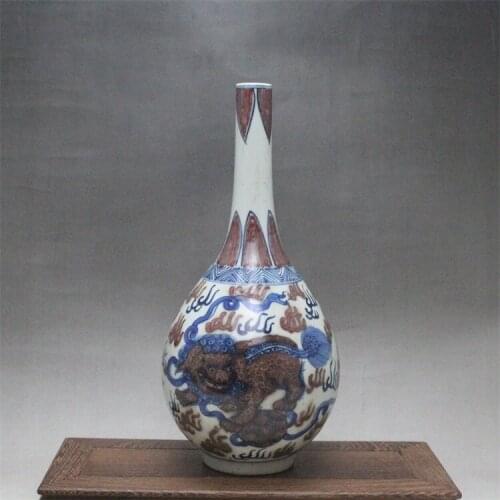 9 Antique YuanDynasty Handmade porcelain vase,blue & red Lion bottle,Hand-painted crafts,best collection& adornment