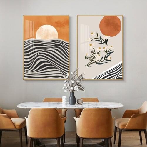 Abstract Landscape Nordic Posters Canvas Painting Modern Home Decor Wall Art Picture for Living Room Mountain Sun Moon Flower