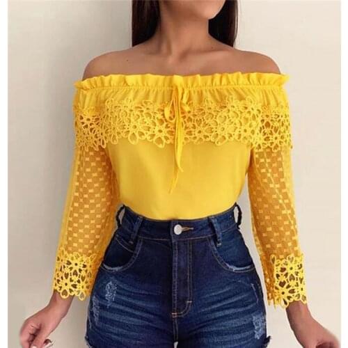 Fashion Elegant Women Shirt Crochet Slim Tops Lace Patchwork Embroidery Nine Quarter Sleeve Office Yellow Blouse