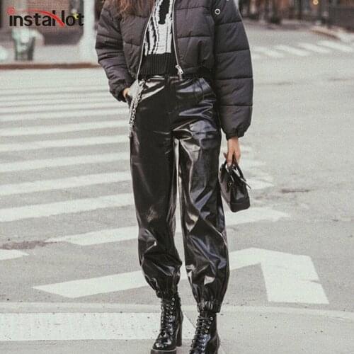 InstaHot Chain Folds High Waist Cargo Pants Women Faux Leather PU Long Trousers Club Casual Sexy 2021 Autumn Female Zipper Pants