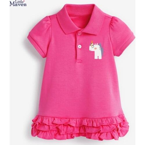 Kids Frocks for Girls Summer Toddler Clothes Unicorn Print Animal Cotton Vestiods Rose Red Turn-down collar Dress for 2-7 Years
