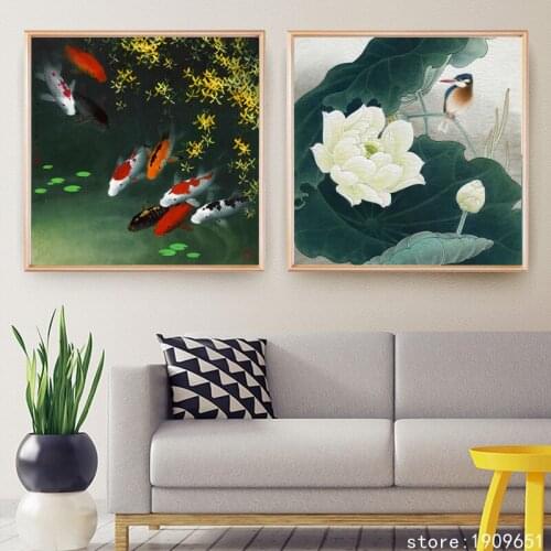 No frame Chinese style flowers lotus goldfish canvas printings oil painting printed on cotton home wall art decoration pictures