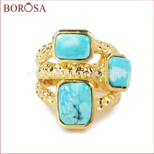 BOROSA 100% Natural Blue Stone Ring 5Pcs/lot Gold Color Three Rectangle Natural Blue Stone Ring for Women ZG061,Size #6 #7 #8