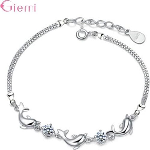 Fashion Trendy 925 Sterling Silver Animal Dolphin Cubic Zirconia Bracelets For Women Girl Crystal Charm Bangle Fine Jewelry