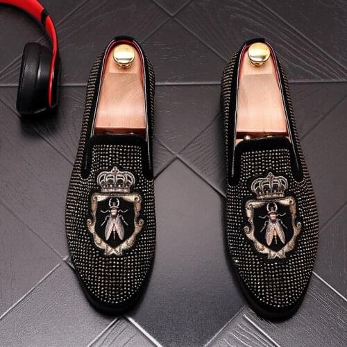 Fashion Suede Leather Embroidery Rhinestone Loafers Mens Casual Printed Moccasins Shoes Man Party Driving Flats 63