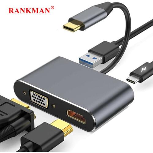 Rankman Type-C to HDMI-compatible 4K VGA USB C 3.0 Hub Adapter for MacBook Nintendo Samsung S9 Dex Huawei P20 Xioami 10 TV