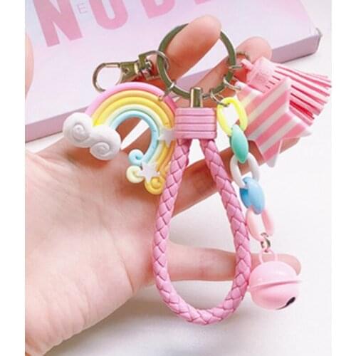 Lovely Cute Rainbow Key Chain Leather Strap Braided Rope Tassel Keychain For Women Girl Star Lollipop Bag Charms Pendant