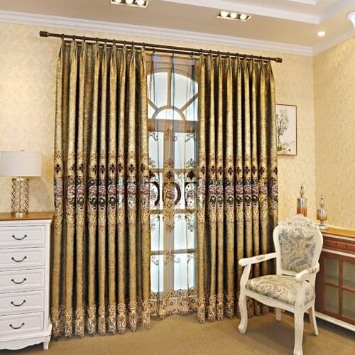 Luxury Hollow Floral Embroidered Curtains for Living Room Brown Coffee Villa Chenille Bay Window Drapes JS279C