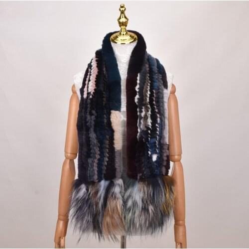 Genuine Real Rex Rabbit Fur Womens Fashion Fur Scarf Long Scarves Fox Fur Knitted Wraps Multicolor Winter Warm