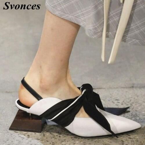 Satin Straps Strange Style High Heeled Pumps Slingbacks Knotted Chunky Heels Runway Shoes Mules Women Real Leather White Heels