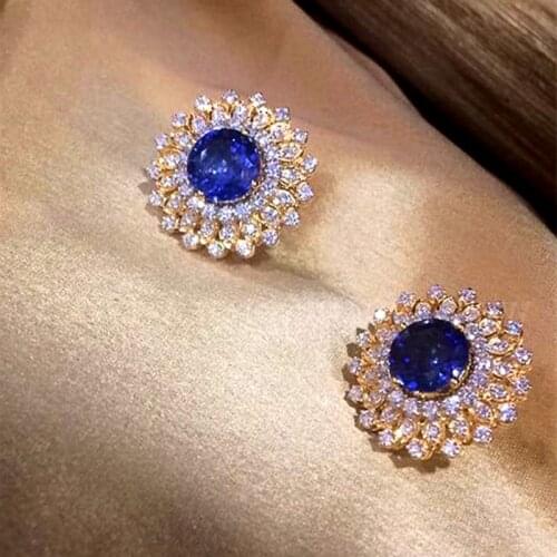Huitan Vintage Women Earring Blue Cubic Zirconia Noble Female Party Accessories High Quality Gold Color Ear Stud Luxury Jewelry