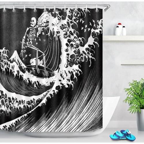 Funny Skull Skeleton Surfing Waterproof Shower Curtains Black Sun Sea Wave Bathroom Home Decor Polyester Fabric Shower Curtains