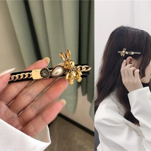 Korean Cute Pearl Metal Chain Rabbit Barrette Hair Clips for Women Girls Kid Funny Hare Hairpin 2021 New Arrival Trend Wholesale