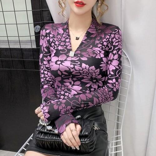 Autumn womens hollow print velvet tops shirt sexy v-neck slim fit long sleeve t shirt women plus size casual flower pullvoers
