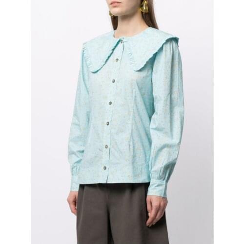 Women Shirt 2021 Spring New Style French Sweet Style Wooden Ear Doll Collar Printed Single-breasted Shirt