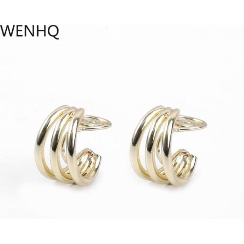WENHQ Gold Color Minimalist 3 Layer C Shape Clip on Hoop Earrings Non Pierced Cute Stud Earrings for Women Jewelry Ear Clip Gift