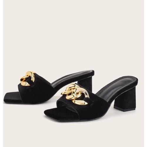 Elegant Metal chain slippers women sandals flipflops summer thick high heels shoes woman peep toe 5-color slides chaussure femme