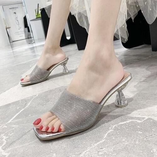 2021 New Crystal High Heels Womens Slippers Summer Fashion Outer Wear Net Red Sandals and Slippers Square Toe Stiletto Slipper