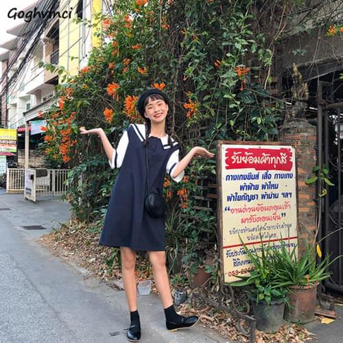 Women Short Sleeve Dress Sailor Collar Patchwork Wide Waist Loose Slim Big Size 2XL Students Sweet Daily Date Leisure Trendy New