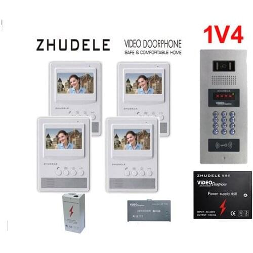 ZHUDELE Building Home security intercom system 4 Units Apartment Video Door Phone Bell Intercom System 4.3"TFT monitor IN STOCK