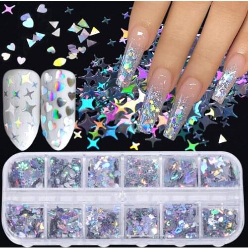 Glittering Nail Sticker Sheet 12 Grid Laser Laser Silver Nail Decal Butterfly Color Star Sticker For Acrylic Nail Art Decoration