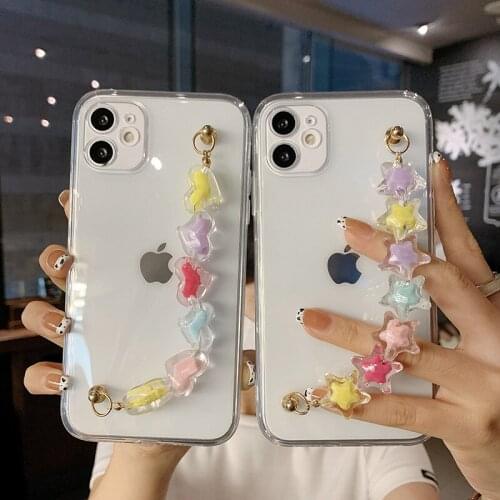Glitter Love Heart &Srars Wrist Chain Case for Iphone 12 11 Pro XS Max XS XR 8 7 Plus SE 2020 Crystal Bracket Hanging Strap Capa